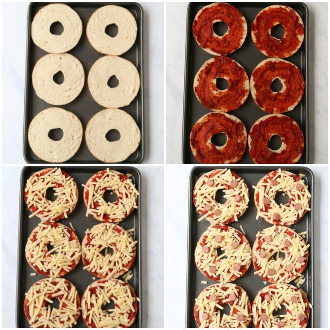 Four Steps of How To Make Pizza Bagels in pictures
