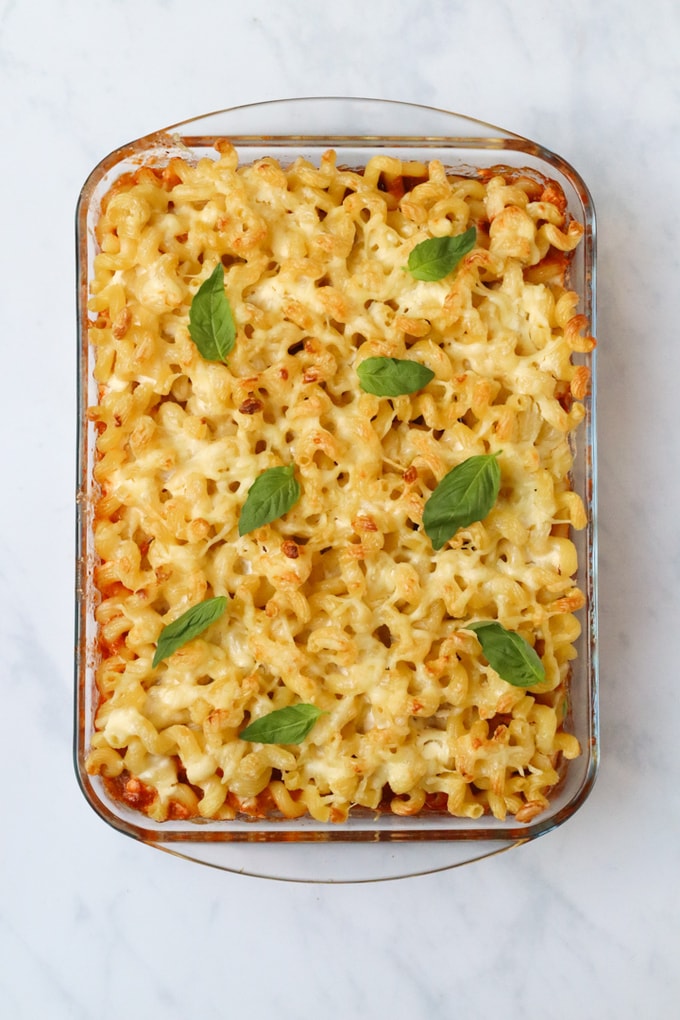 Bolognese Pasta Bake in a large clear ovenproof dish