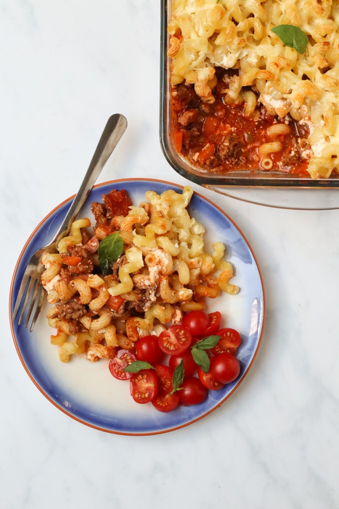 Bolognese Pasta Pasta bake served with cherry tomatoes