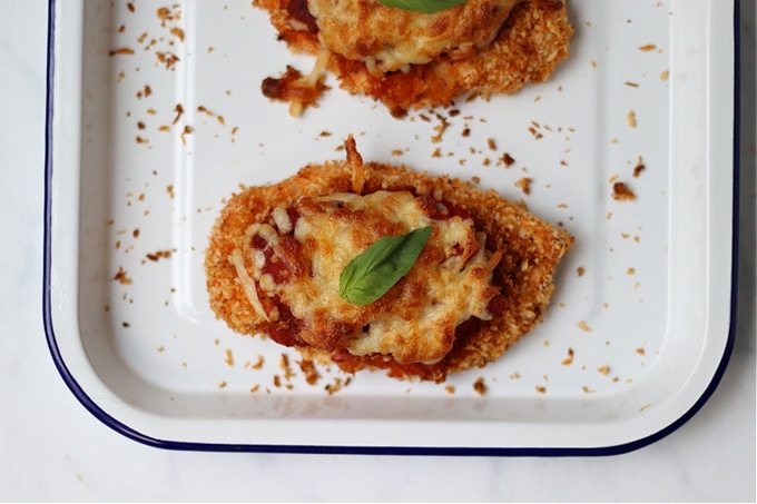 Crispy Chicken Parmesan in the baking tray