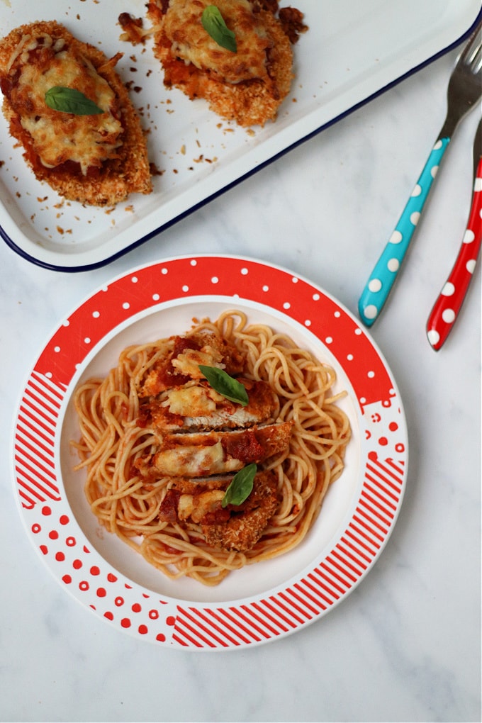 Crispy Chicken Parmesan served with spaghetti