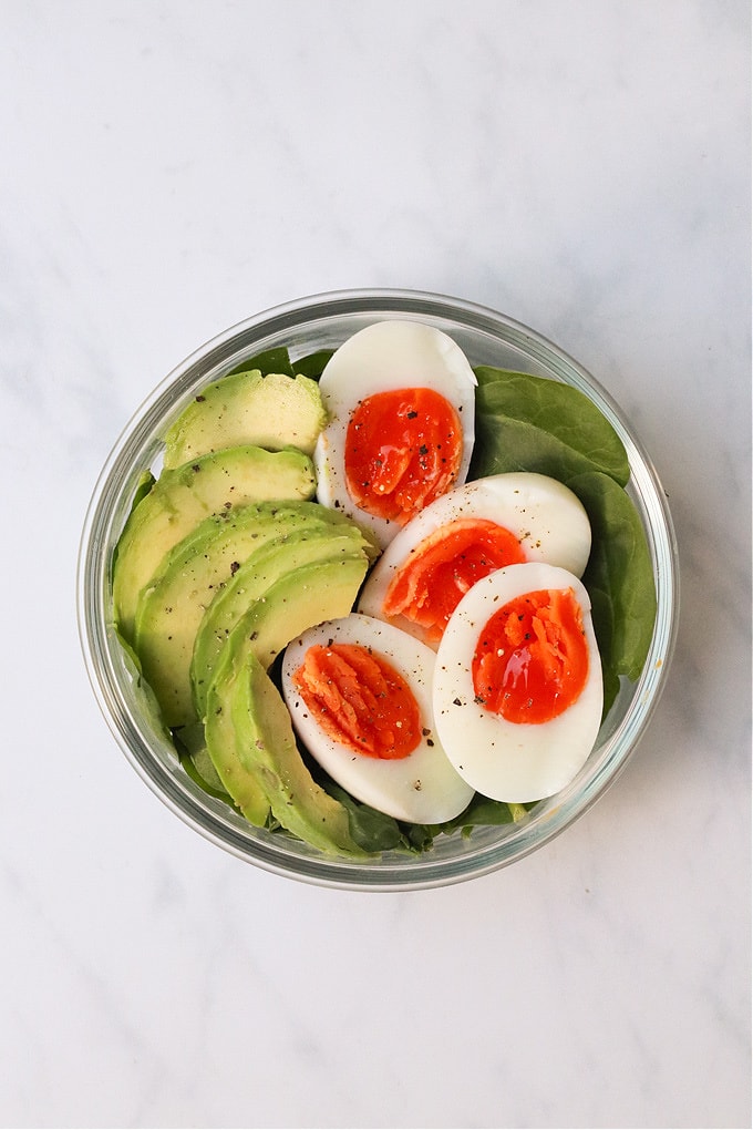 Avocado & Egg Protein Pot served in a small glass bowl.