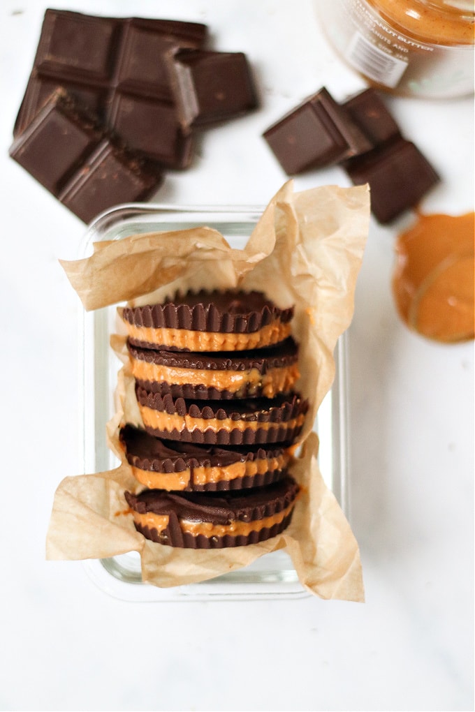 Peanut Butter Cups presented in a small glass rectangle shaped dish.