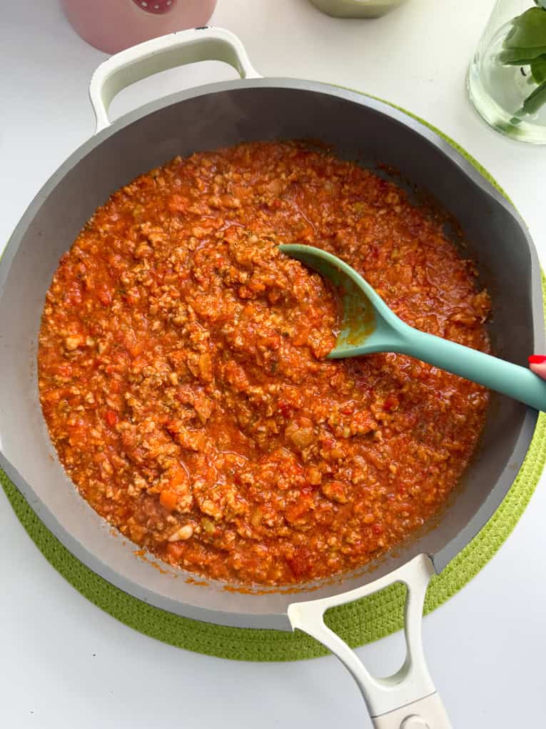 Turkey sausage ragu in a saucepan waiting for the pasta to be added.