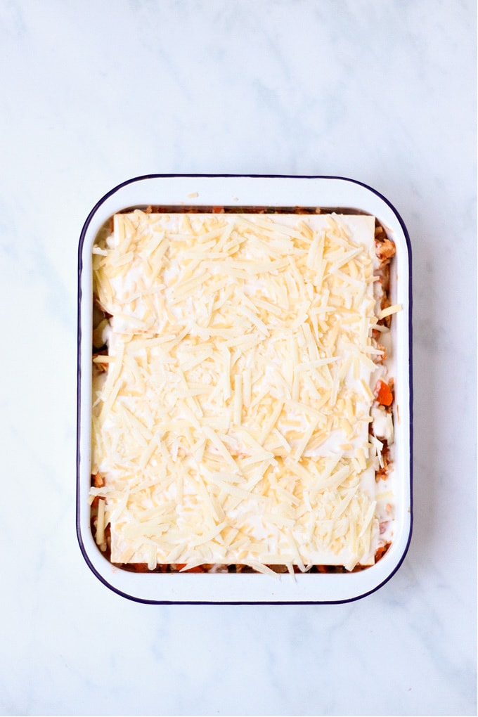 the lasagne ready to go in the oven