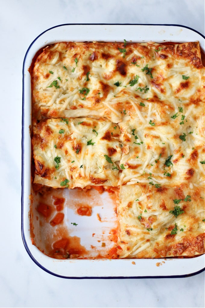 Chicken Lasagne in rectangular shaped oven dish