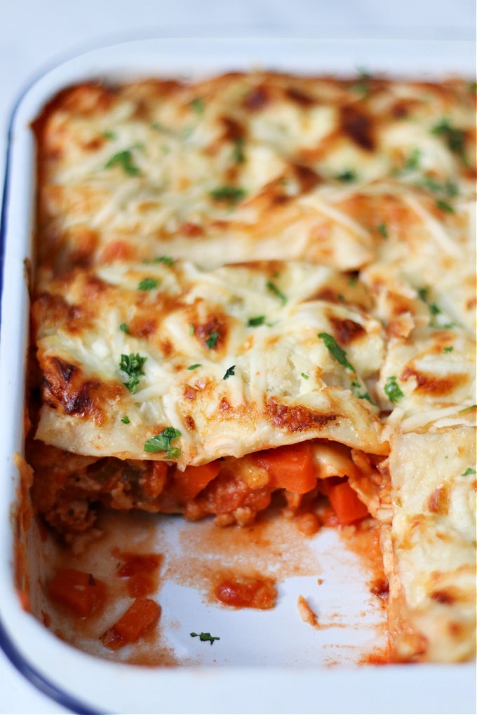 close up of the Chicken Lasagne in the oven dish showing the layers