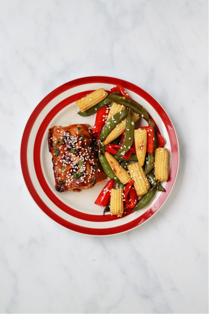 One Pan Sticky Salmon & Veg