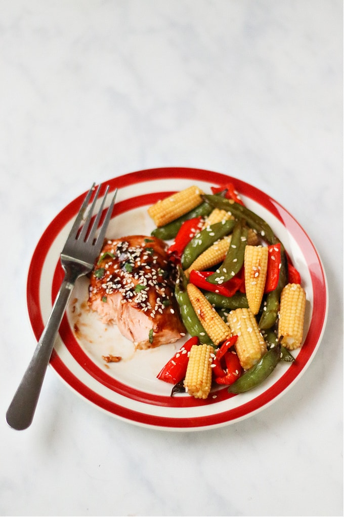 One Pan Sticky Salmon & Veg