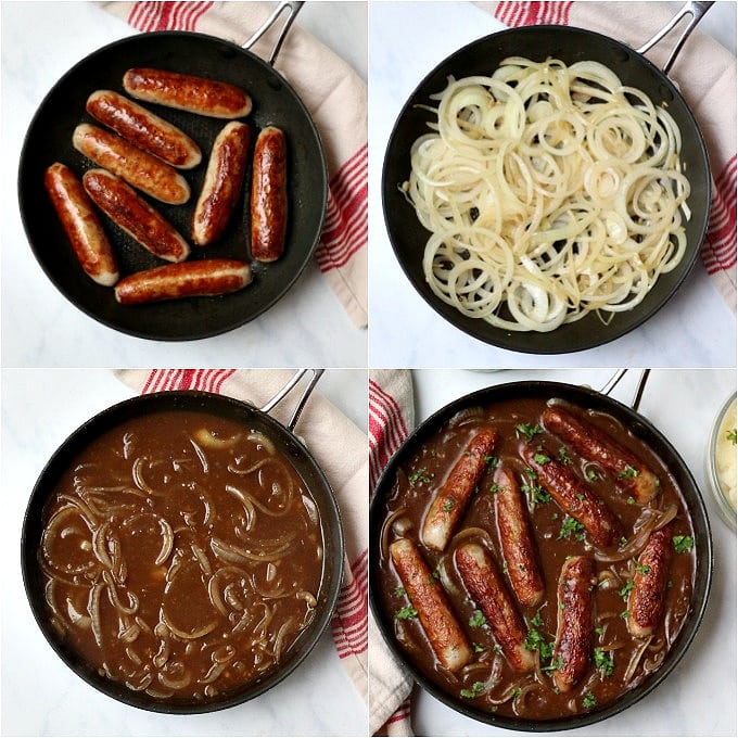 the four steps of making sausages in onion gravy