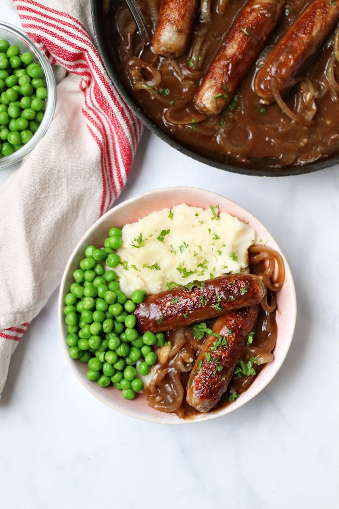 sausages with mash and peas