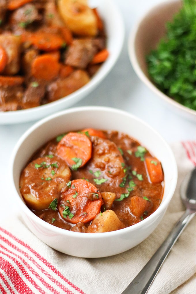 slow cooker beef stew in a bowl