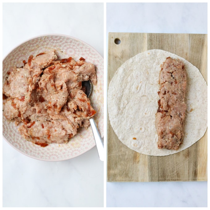 sausage mixture in a bowl and then placed onto one of the wraps