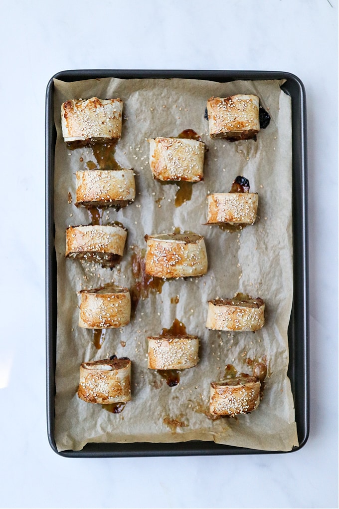 cooked healthier sausage rolls out of the oven