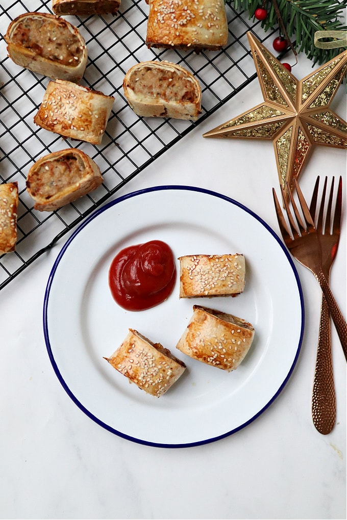 healthier sausage rolls served on a plate with tomato ketchup