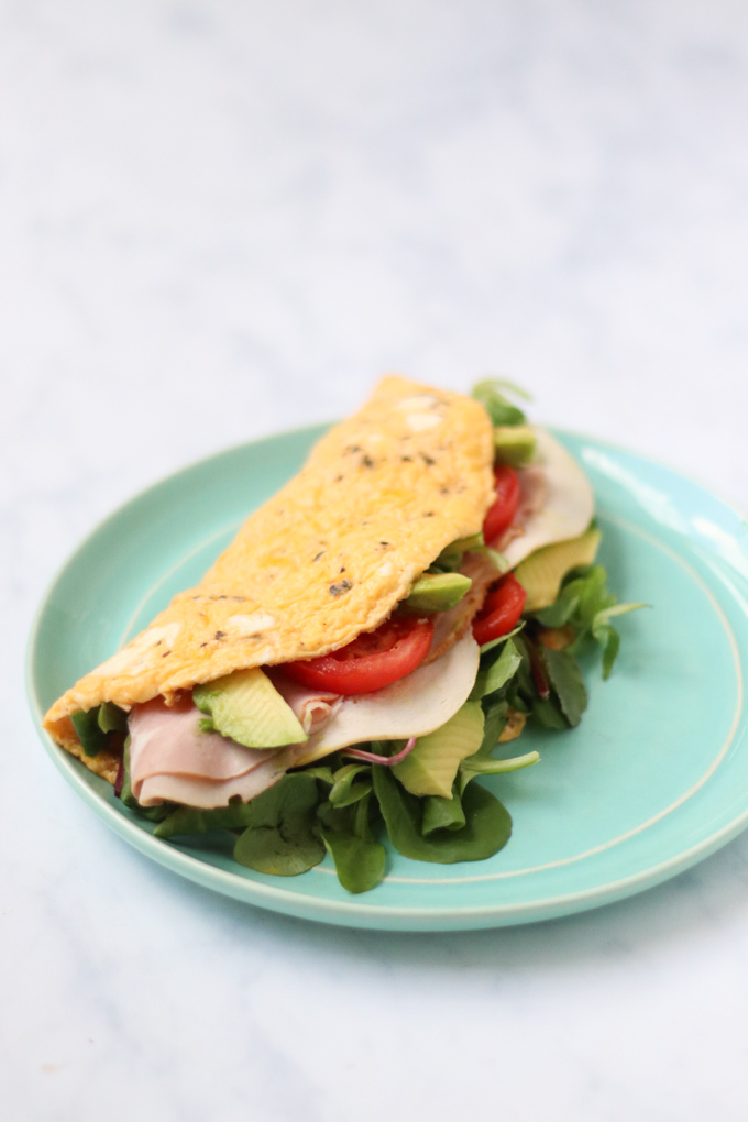 Chicken and ham omelette served on a baby blue plate, and garnished tomato and avocado.