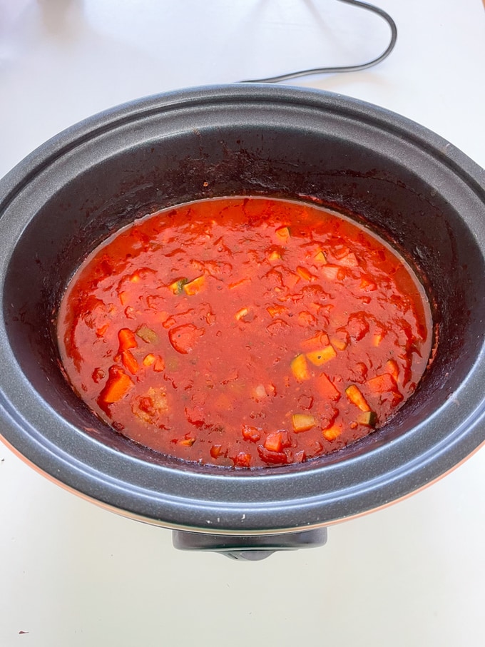 cooked meatball sauce in the slow cooker