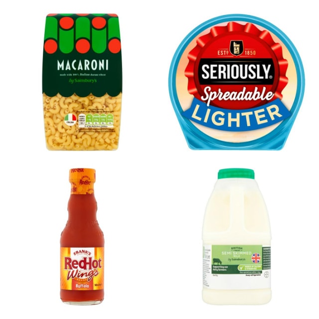 collage showing recipe ingredients of macaroni, Seriously Spreadable Light, Frank's Red Hot Buffalo Sauce and milk