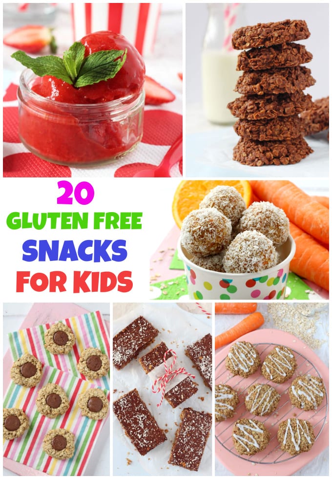 Collage showing various gluten free snacks for kids.
