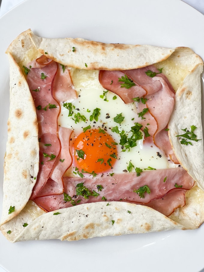 close up of the ham & cheese galette made with a tortilla wrap