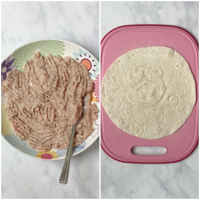 Chicken sausage mixture in a bowl next to a wrap on a chopping board