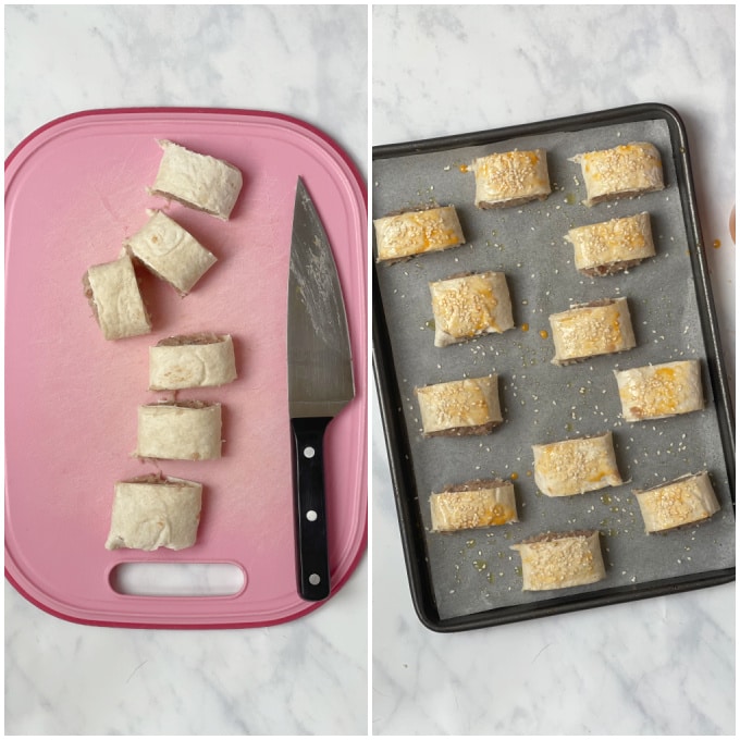 the sausage rolls cut and on a baking tray with egg wash and topped with seeds