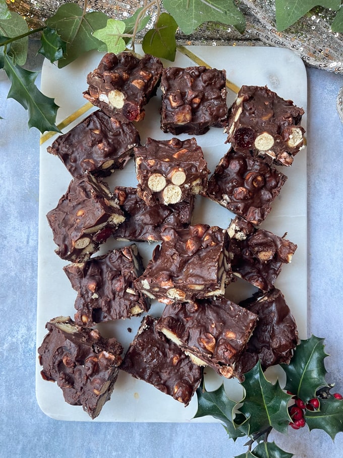 Rocky Road made with mince pies, malteasers, shortbread and glace cherries