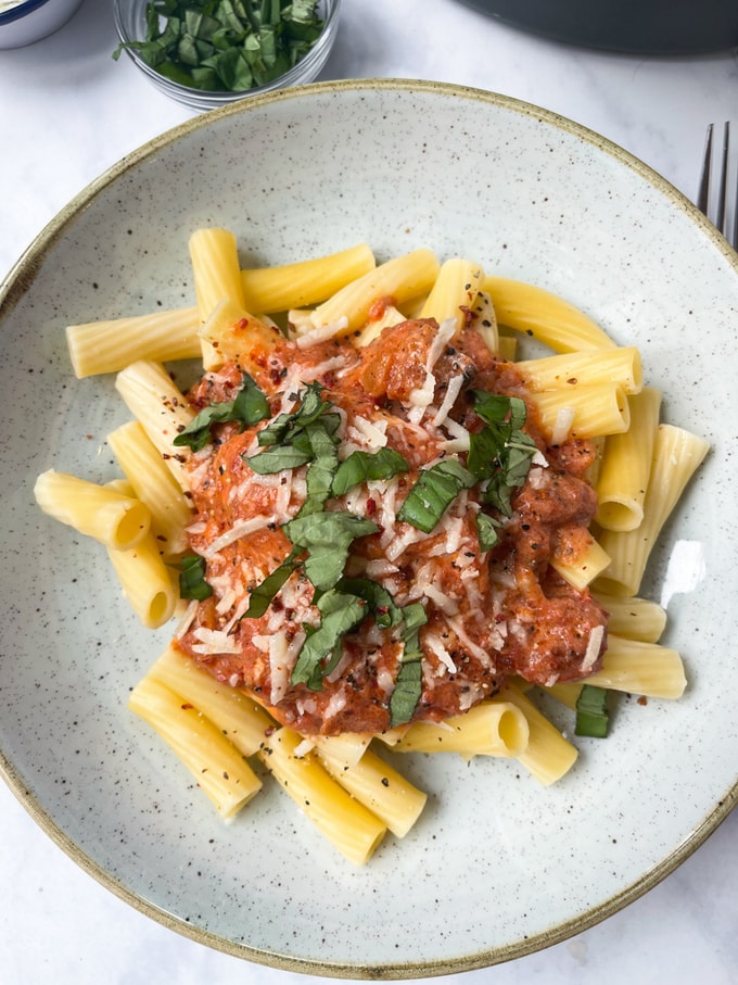 close up of the Slow Cooker Sun Dried Tomato Chicken & Pasta