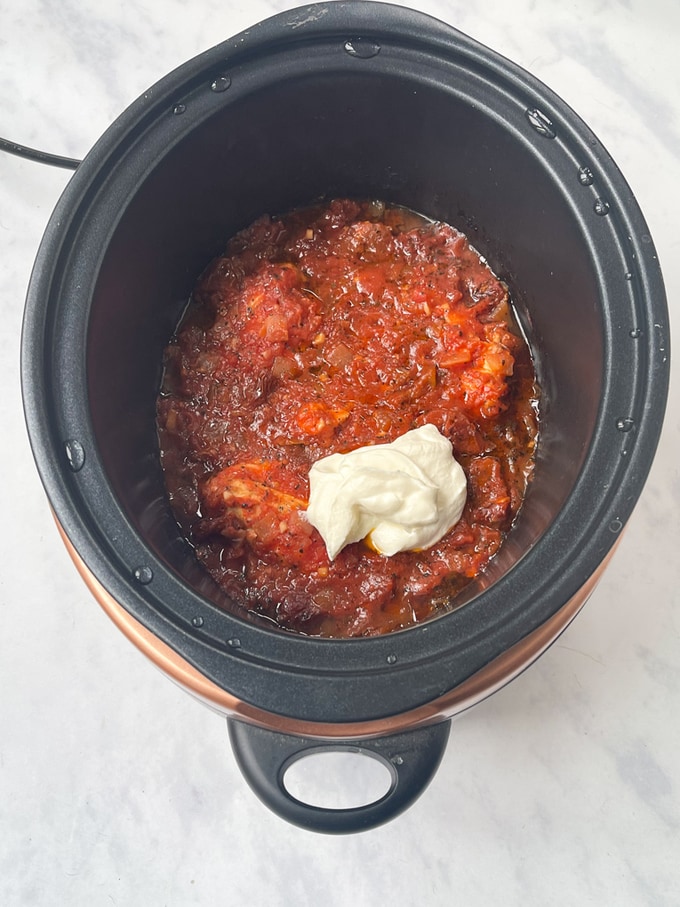 creme fraiche added to the slow cooker