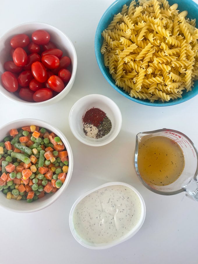 All the ingredients measured out for the cream cheese pasta.