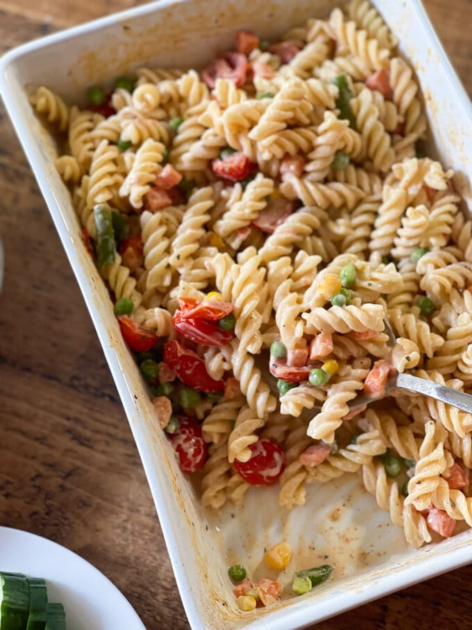 the pasta bake in a rectangular ovenproof dish