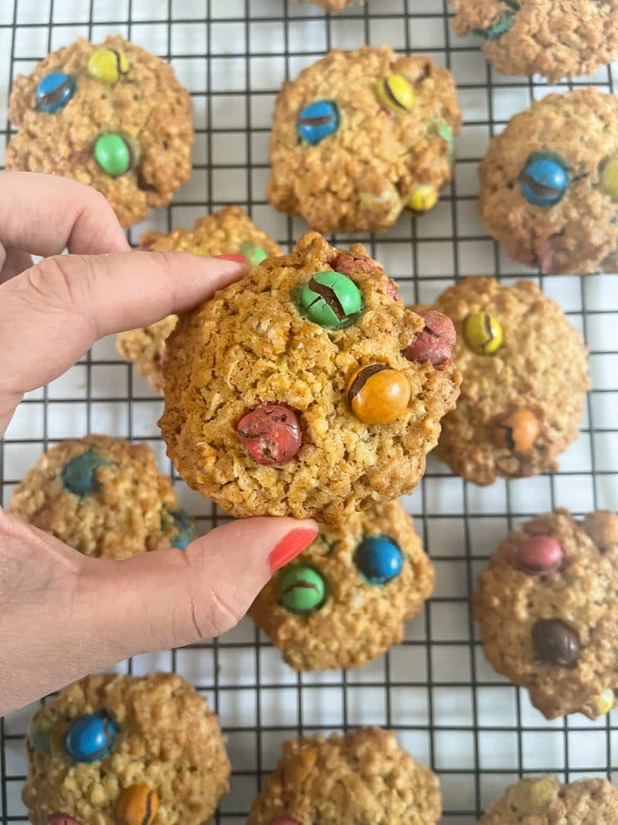 Close up of baked M&M cookie.