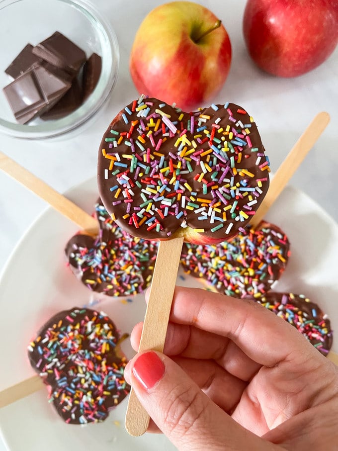 A chocolate covered apple slice on a popsicle stick decorated with multi coloured sprinkles.