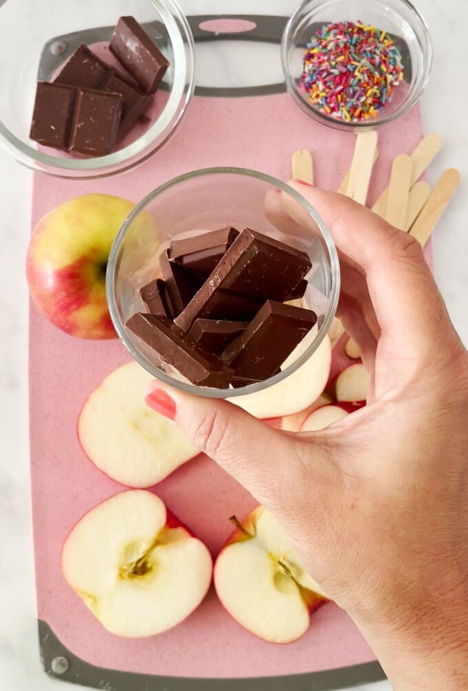 chocolate chunks presented in a small glass bowl.