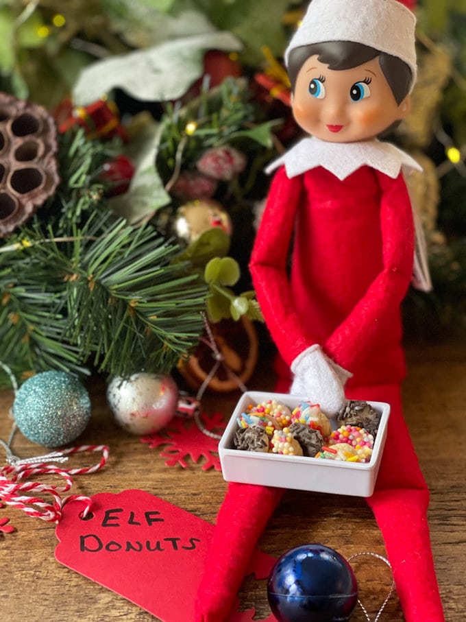 Elf sitting up with a little tray of donuts, looking very pleased with himself.