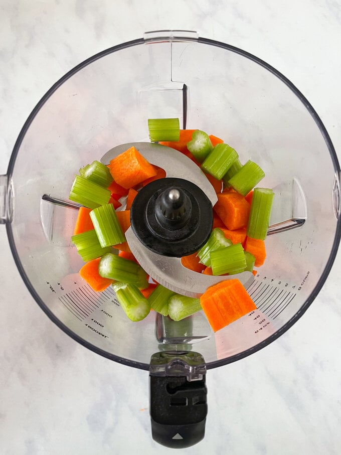 Chopped vegetables in the food processor.