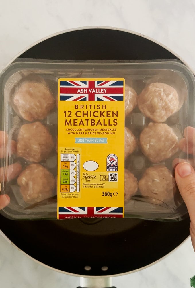 Raw chicken meatballs in their original Packaging.