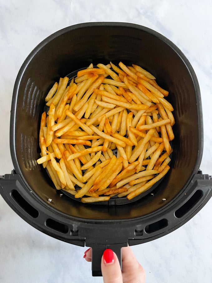 Cooked fries and golden brown in the air fryer.