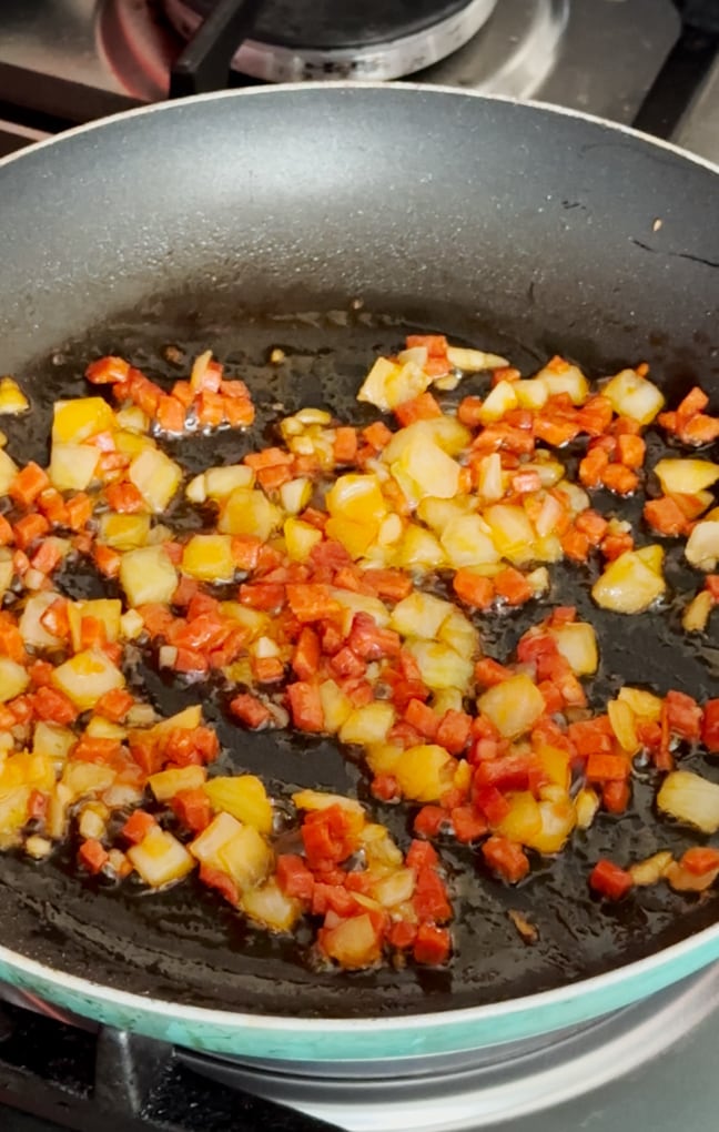 Put ingredients in a frying pan.