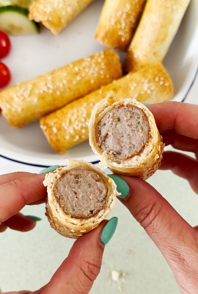 Close up of the inside of a cheats sausage roll.