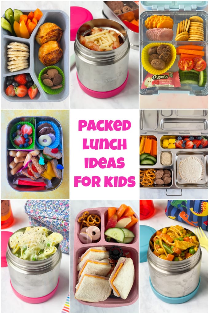 A collage showing lots of different packed lunch ideas for kids starting school this September.