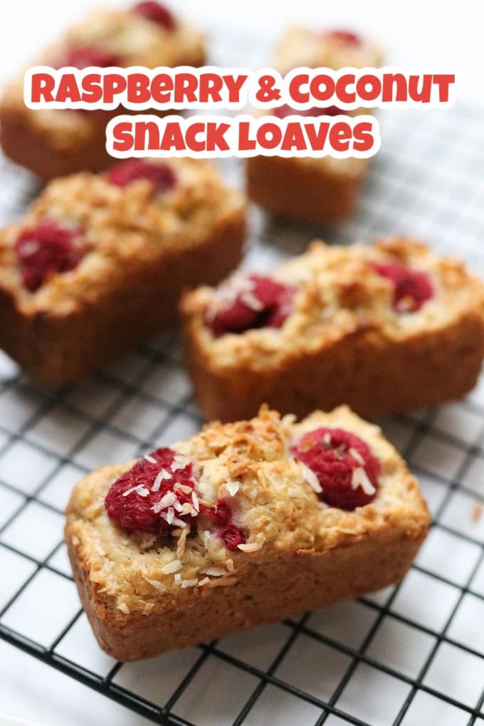 raspberry and coconut snack loaves on a wire cooling rack