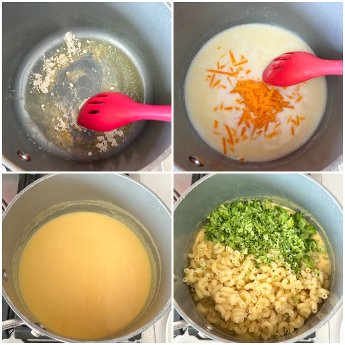 Four photos of all the ingredients being added into a saucepan.