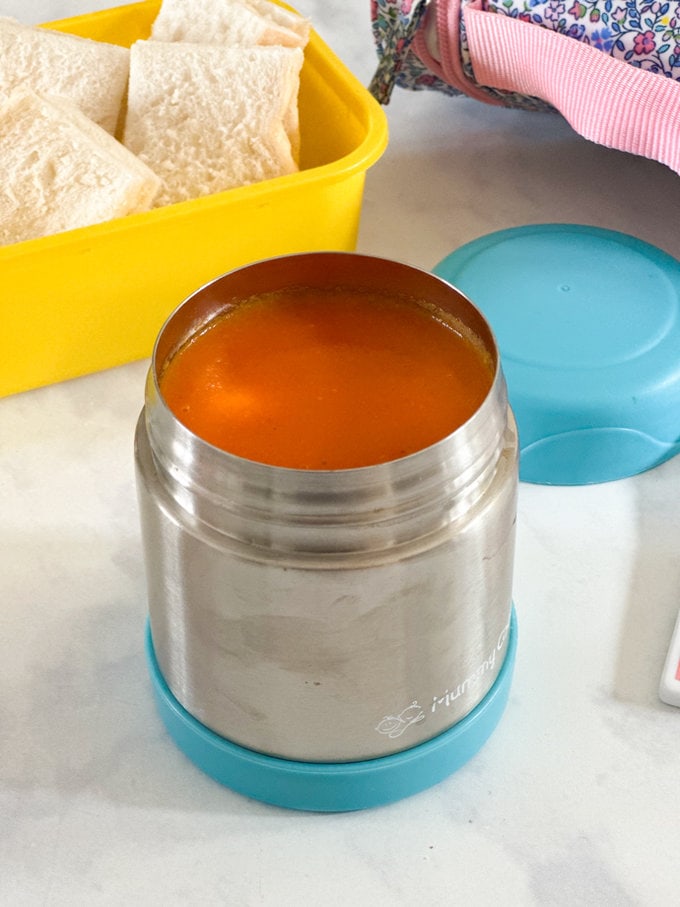 Soup served in a hot food flask, perfect for taking out and about with you.