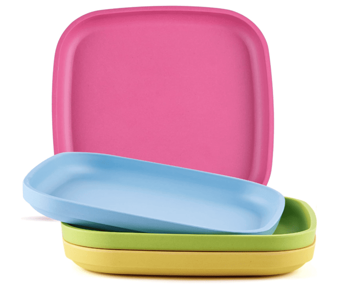 Kids' Tableware brightly coloured square plates in pink, green and blue. 