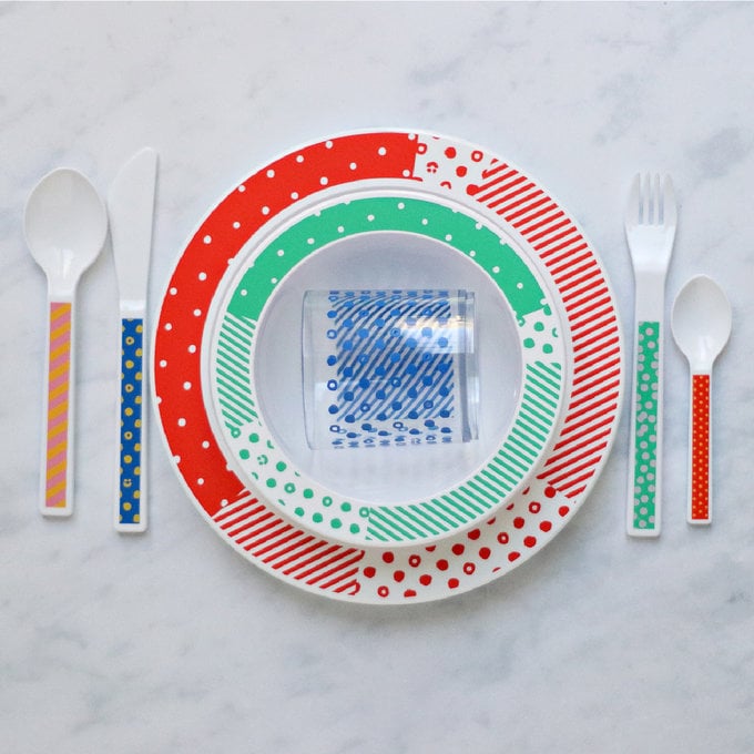 Kid's Tableware From Pick Plates - A full classic set showing a cutlery set, plate, bowl and cup