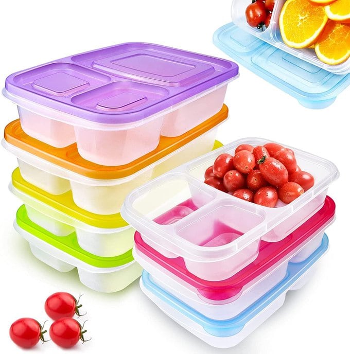 a selection of three compartment plastic lunchboxes with brightly coloured lids.