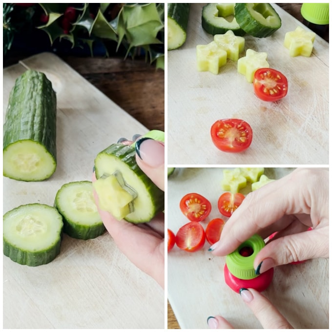 Fruit and vegetables being chopped and prepared using star shaped pastry cutter.