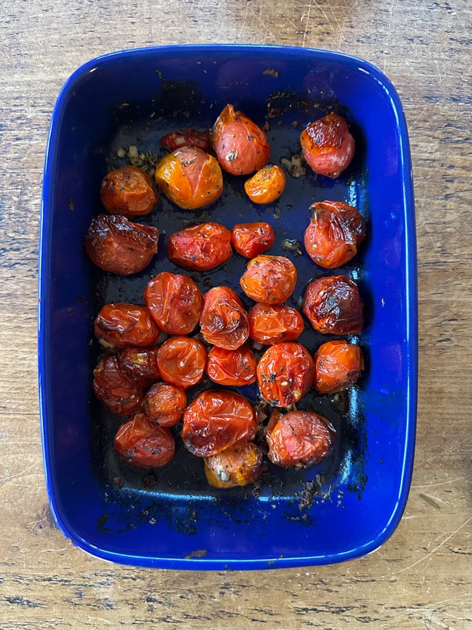 Tomatoes out of the airfryer, cooked and ready to be put into the blender.