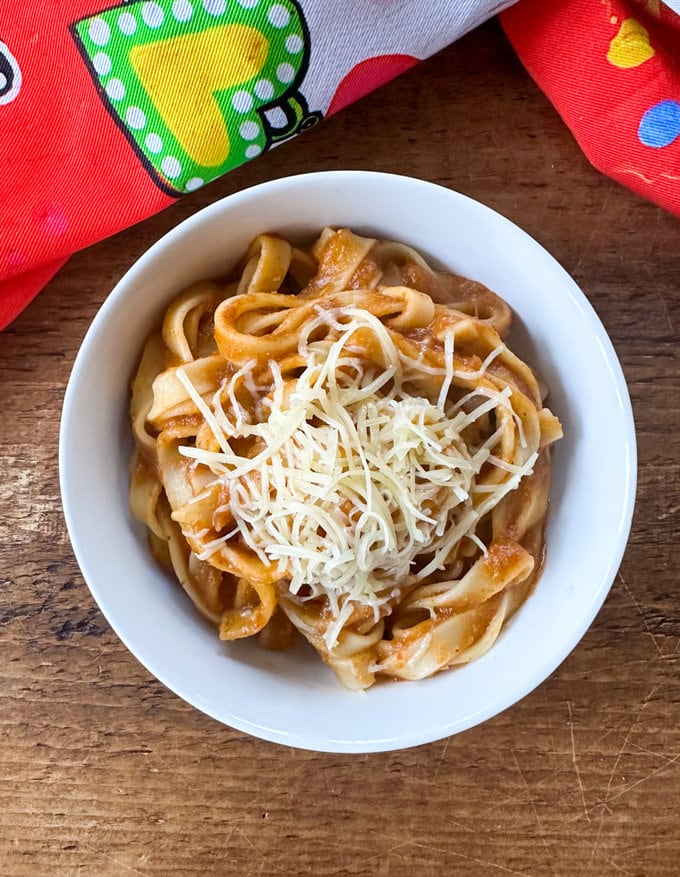 The sauce is then ready to be mixed with cooked pasta for a simple dinner for the kids, topped with a little grated cheese.